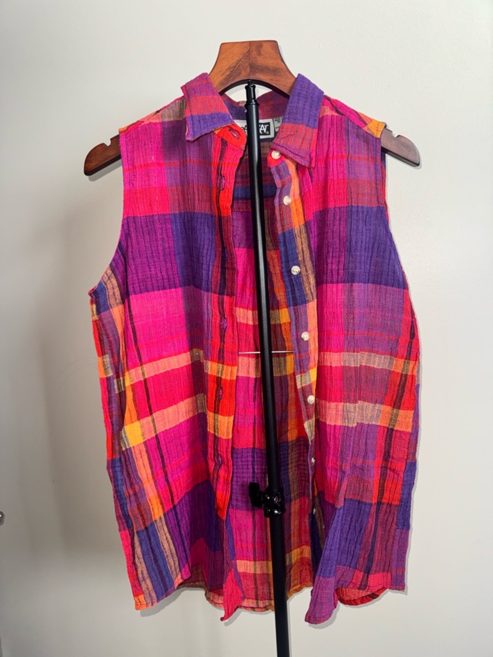 vintage krazy kat plaid sleeveless button up • 90s cotton gauze top
